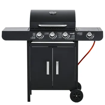 Outsunny Gratar pe gaz cu 3 arzatoare principale + 1 arzator lateral, raft, otel inoxidabil, negru, 110 x 50 x 100 cm | Aosom Romania imagine