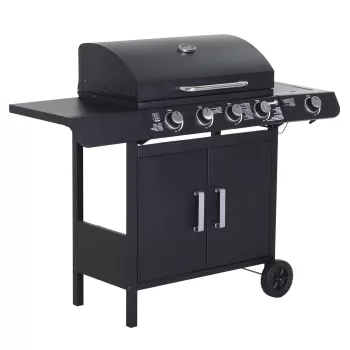 Outsunny Gratar pe Gaz cu 5 Arzatoare Rafturi Laterale si Dulap Inferior cu Usa, Gratar de Gradina cu Roti din Otel si PP, 125x51x100 cm, Negru imagine