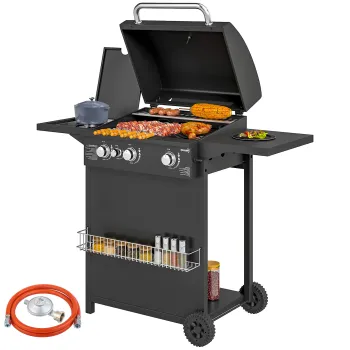 Outsunny Gratar pe Gaz cu Arzatoare Independente 3+1, Capac, Termometru si Masuta Laterala, 123x57x98 cm, Negru | Aosom Romania imagine