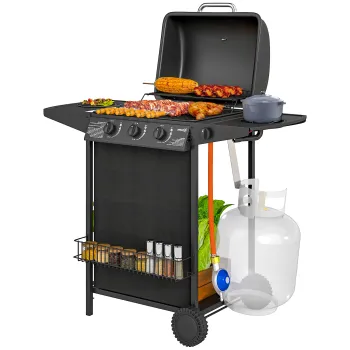 Outsunny Gratar pe Gaz cu Capac, Termometru, Masa Laterala si Tava pentru Colectarea Grasimii, 108x54x97 cm, Negru | Aosom Romania imagine