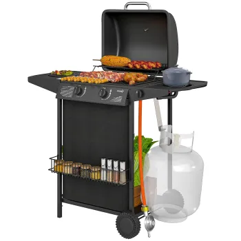 Outsunny Gratar pe Gaz cu Capac, Termometru, Masuta Laterala si Tava pentru Colectarea Grasimii, 107x54x96 cm, Negru | Aosom Romania imagine