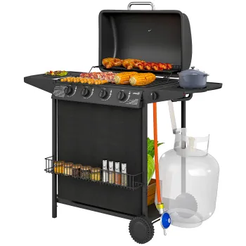 Outsunny Gratar pe Gaz cu Capac, Termometru, Masuta Laterala si Tava pentru Colectarea Grasimii, 121x54x97 cm, Negru | Aosom Romania imagine