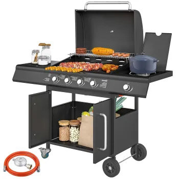 Outsunny Gratar pe Gaz cu Dulapior, Capac, Masuta Laterala si Tava de Colectare a Grasimii, 129,5x56x110 cm, Negru | Aosom Romania imagine