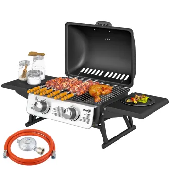 Outsunny Gratar pe Gaz Portabil cu 2 Arzatoare si Capac cu Termometru, Negru | Aosom Romania imagine