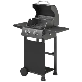 Outsunny Gratar pe Gaz Protan cu 2 Arzatoare, Portabil, Termometru, Negru | Aosom Romania imagine