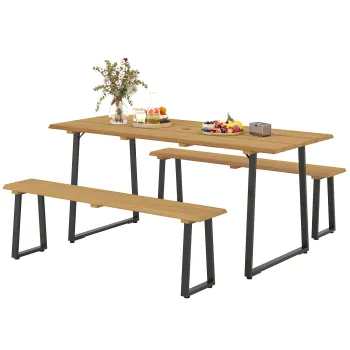 Outsunny Grup de mobilier din 3 piese din lemn pentru 6 persoane Masa de bucatarie cu 2 banci Orificiu pentru umbrela Masa din lemn 178 x 76 x 77 cm Lemn natural | Aosom Romania imagine