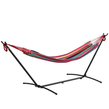 Outsunny Hamac cu Suport 310x117 cm pentru Camping cu Inaltime Reglabila si Geanta de Transport, Capacitate 120 kg, Dungi Portocalii si Rosii | Aosom Romania imagine
