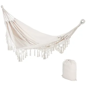 Outsunny Hamac de Gradina Suspendat din Panza cu Franjuri si Geanta de Transport, 288x150 cm, Crem | Aosom Romania imagine