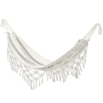 Outsunny Hamac Exterior Boem, Hamac de gradina Suspendat cu Franjuri si Sac de Transport extra-larg 288 x 150 cm, Bej | Aosom Romania imagine