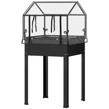 Outsunny Jardiniera cu acoperis de sera, cutie ridicata pentru plante cu orificii de drenaj, 60 x 60 x 120 cm, Negru | Aosom Romania imagine