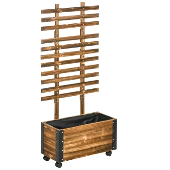 Outsunny Jardiniera cu Spalier pentru Plante Agatatoare si Roti, Jardiniera din Lemn de Brad cu Design Autodrenant, 65x31x147 cm, Maro Carbonizat imagine