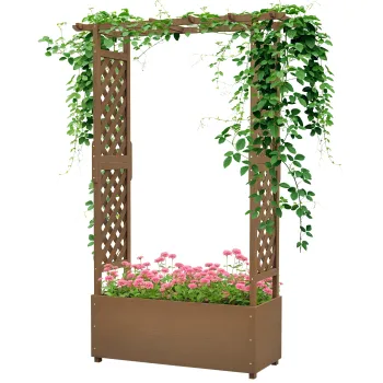 Outsunny Jardiniera cu treillis si arc, ghiveci pentru flori cu gaura de drenaj pentru planta agatatoare, 112 x 41 x 180 cm, maro | Aosom Romania imagine