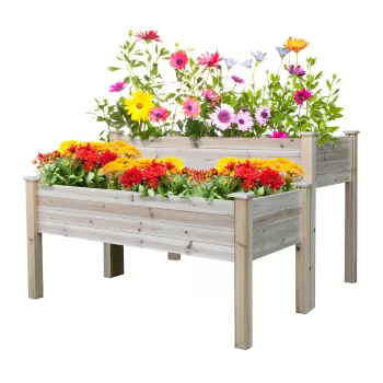 Outsunny Jardiniera de Exterior cu 2 Niveluri din Lemn de Brad cu Orificii de Scurgere, 115x114x76 cm, culoar Lemn natur imagine