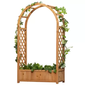 Outsunny Jardiniera de exterior din lemn de brad maro cu arc decorativ si grile pentru plante cataratoare, 83x36x152cm | AOSOM RO imagine