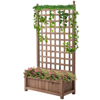 Outsunny Jardiniera de Exterior din Lemn, Suport pentru Plante cu Grilaj pentru Plante Cataratoare si Razor Inaltat, 64x28x120cm, Maro imagine