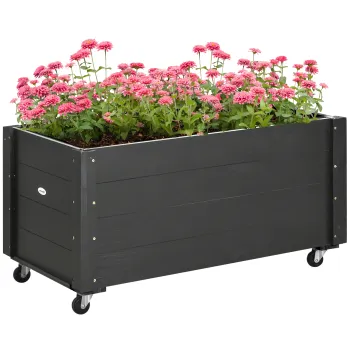 Outsunny Jardiniera de Gradina cu Orificiu de Drenaj si Captuseala din Material Netesut, Jardiniera din Lemn de Brad cu Roti, 89x48x47 cm imagine