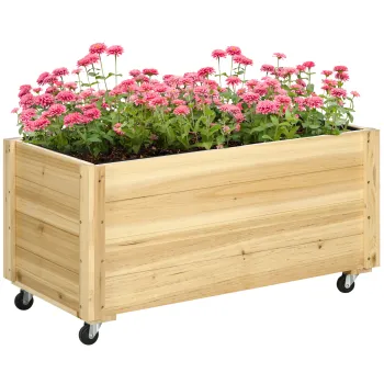 Outsunny Jardiniera de Gradina cu Orificiu de Drenaj si Captuseala din Material Netesut, Jardiniera din Lemn de Brad cu Roti, 89x48x47 cm, culoarea L imagine