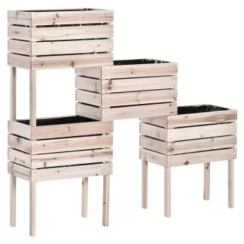 Outsunny Jardiniera de Gradina Ridicat cu 4 Ghiveci pentru Plante de 50x30x60cm, Ghiveci de Exterior din Lemn Culoarea Naturala imagine