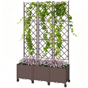 Outsunny Jardiniera Inaltata cu Grilaj 130L, Pat pentru Gradina Inaltat de Exterior cu Roti Blocabile, Sistem de Autoirigare, Gauri de Drenaj pentru Plante Cataratoare, Legume, Flori, Maro | Aosom Romania imagine