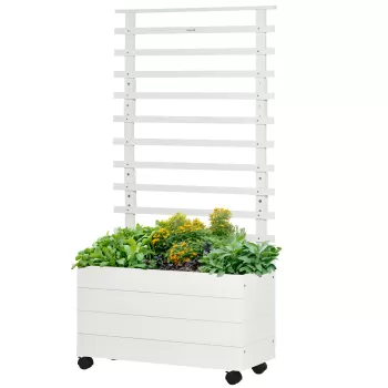 Outsunny Jardiniera inaltata verticala cu 4 roti si suport pentru plantele cataratoare, din lemn de brad, 76x30x155cm, alb | AOSOM RO imagine