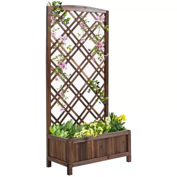Outsunny Jardiniera pentru Exterior din Lemn, Jardiniera cu Spalier pentru Plante Agatatoare si Pat de Flori Inaltat, 60x30x122.5 cm, Maro imagine