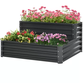 Outsunny Jardiniera pentru plan de cultivare inaltat pe 2 niveluri din otel, 120x101x58cm, gri inchis | AOSOM RO imagine