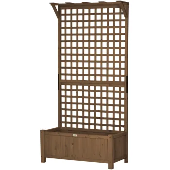 Outsunny Jardiniera Ridicata de Exterior cu Spalier si Bara Superioara, Ghiveci din Lemn de Brad cu Orificii de Drenaj pentru Flori si Legume, Ideala pentru Gradina si Balcon, Maro Inchis | Aosom Romania imagine
