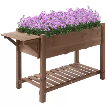 Outsunny Jardiniera suprainaltata din lemn pentru gradina, jardiniera suprainaltata cu raft pliabil si raft inferior, 123x54x74cm, maro imagine