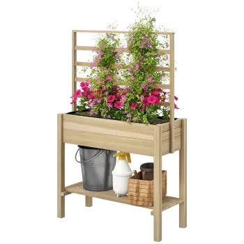 Outsunny Jardiniere pe picioare, carre potager de gradina pe picioare cu grilaj si raft, din lemn, 88 x 37 x 137 cm lemn natural | Aosom Romania imagine