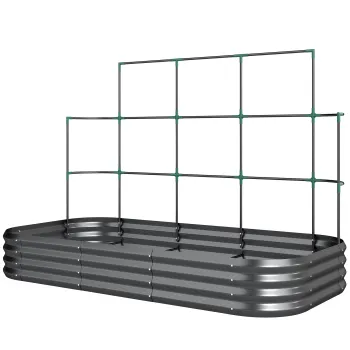 Outsunny Jardiniere Ridicate din Metal cu Grilaj, Pat de Gradina Inaltat cu Fund Deschis, Manusi si Grilaj pentru Plante Cataratoare, Legume si Flori, 220x110x150 cm, Gri Inchis | Aosom Romania imagine