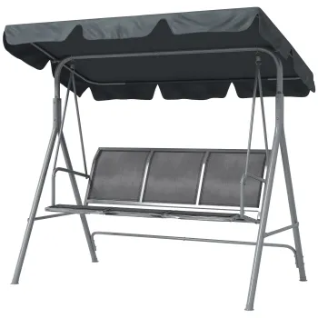 Outsunny Leagan de gradina 3 locuri cu acoperis parasolar reglabil si detasabil, sezut respirabil din poliester, capacitate 240 kg, 171x108x154 cm, gri inchis | Aosom Romania imagine