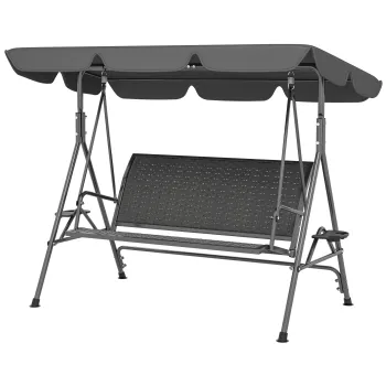 Outsunny Leagan de Gradina 3 Locuri din Ratan PE cu Acoperis Reglabil si Suporturi pentru Pahare, Leagan de Exterior cu Cadru din Otel, Capacitate 320 kg, 204x112x150 cm, Gri | Aosom Romania imagine