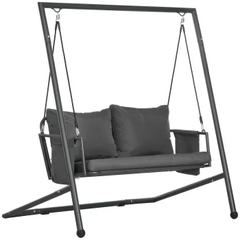 Outsunny Leagan de Gradina cu 2 Locuri, cu Perne si Buzunare de Depozitare, Balansoar Exterior din Otel si Textile, 168x117x181 cm, Gri Inchis imagine