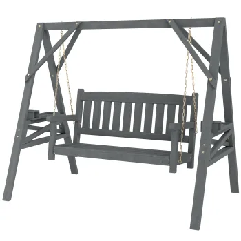 Outsunny Leagan de gradina pentru 2 persoane, banca-leagan din lemn cu polite, suport pentru bauturi si lanturi metalice, Gri | Aosom Romania imagine