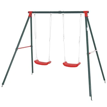 Outsunny Leagan Dublu pentru Copii +3 Ani cu Suport de Metal Joc Leagan Infantil Corzi Reglabile Exterior Greutate Max. 40kg 239x156x180 cm Verde Rosu | Aosom Romania imagine