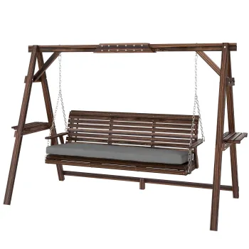 Outsunny Leagan Hollywood, 3 locuri, leagan de gradina din lemn, leagan cu perna si tavite pana la 330 kg Carbonizat | Aosom Romania imagine