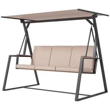 Outsunny Leagan Hollywood Leagan de gradina 3 locuri, cu copertina, rezistent la intemperii, Bej + Negru | Aosom Romania imagine