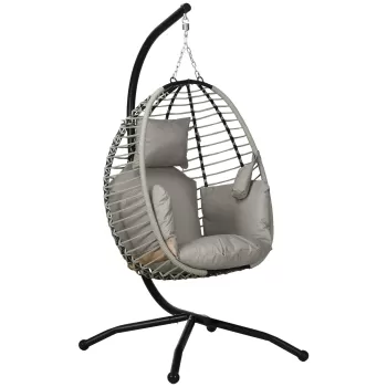 Outsunny Leagan pentru exterior cu perna capitonata groasa, Scaun suspendat pentru terasa cu suport metalic, cos pliabil, suport pentru pahare, structura de franghie, pentru interior si exterior, Gri imagine