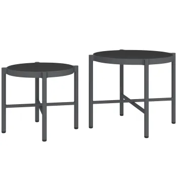 Outsunny Lot de 2 mese joase gigogne de gradina mese de cafea de gradina cu blat din sticla temperata, cadru din aluminiu negru | Aosom Romania imagine