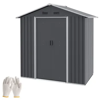 Outsunny Magazie de Gradina cu Usa Dubla Culisanta, 4 Prize de Aerisire si Sistem de Blocare, 194x110x184 cm, Gri | Aosom Romania imagine