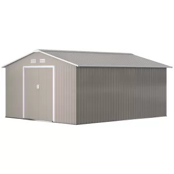 Outsunny Magazie de Gradina cu Usi Duble Glisante si Acoperis Inclinat, Sopron de Gradina din Otel si PP, 3.4x4x2m, Gri imagine