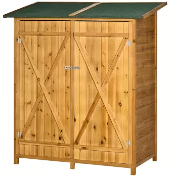 Outsunny Magazie de Gradina din Lemn cu 2 Usi cu Taburet Inalt cu 2 Rafturi si Acoperis Hidrofug, 140x75x157 cm imagine