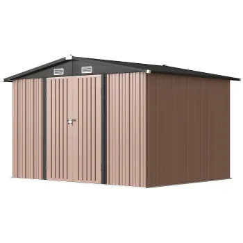 Outsunny Magazie Metalica 305 x 245 cm, Casuta de Gradina Rezistenta cu 4 Guri de Aerisire si Usi Duble cu Incuietoare, Maro | Aosom Romania imagine