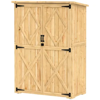 Outsunny Magazie pentru gradina, magazie din lemn pentru unelte si echipamente de gradina, acoperis din asfalt, usi duble, lemn de brad, maro deschis | Aosom Romania imagine