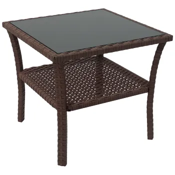 Outsunny Masa auxiliara din rasina impletita cu 2 nivele 50x50x45cm, masa de cafea pentru gradina patrata cu blat de sticla securizat, maro | Aosom Romania imagine