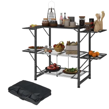 Outsunny Masa de bucatarie de camping plianta, otel si aluminiu, sac de transport, 2 rafturi, 2 rafturi si suporturi pentru pahare | Aosom Romania imagine