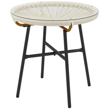 Outsunny Masa de cafea rotunda de gradina din rasina imitatie rotin metal si blat sticla temperata O 50 x 50 cm crem | Aosom Romania imagine