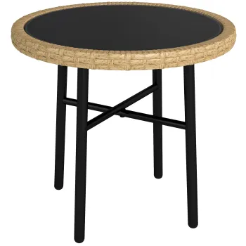 Outsunny Masa de Cafea Rotunda de Gradina, Masa Auxiliara Exterioara din Rasina Impletita si Blat din Sticla Securizata, 46x46x43cm, Natural | Aosom Romania imagine