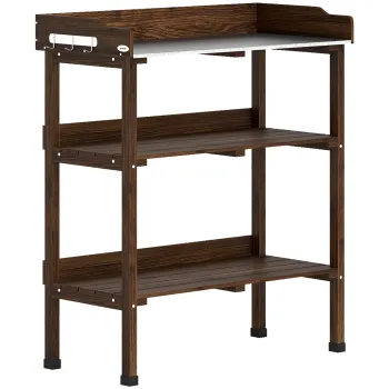 Outsunny Masa de gradina din lemn cu suprafata metalica, rafturi si carlige pentru gradina, terasa 76x37x89 cm Carbonizat | Aosom Romania imagine