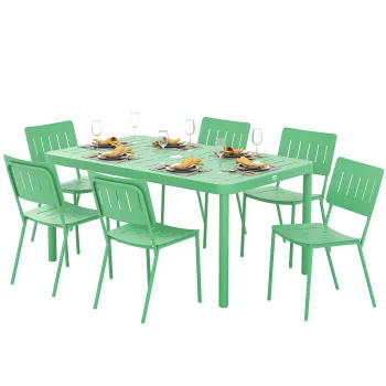 Outsunny Masa de gradina exterioara cu 6 scaune, placa cu lamele 150 cm, structura din otel rezistent la rugina, verde | Aosom Romania imagine